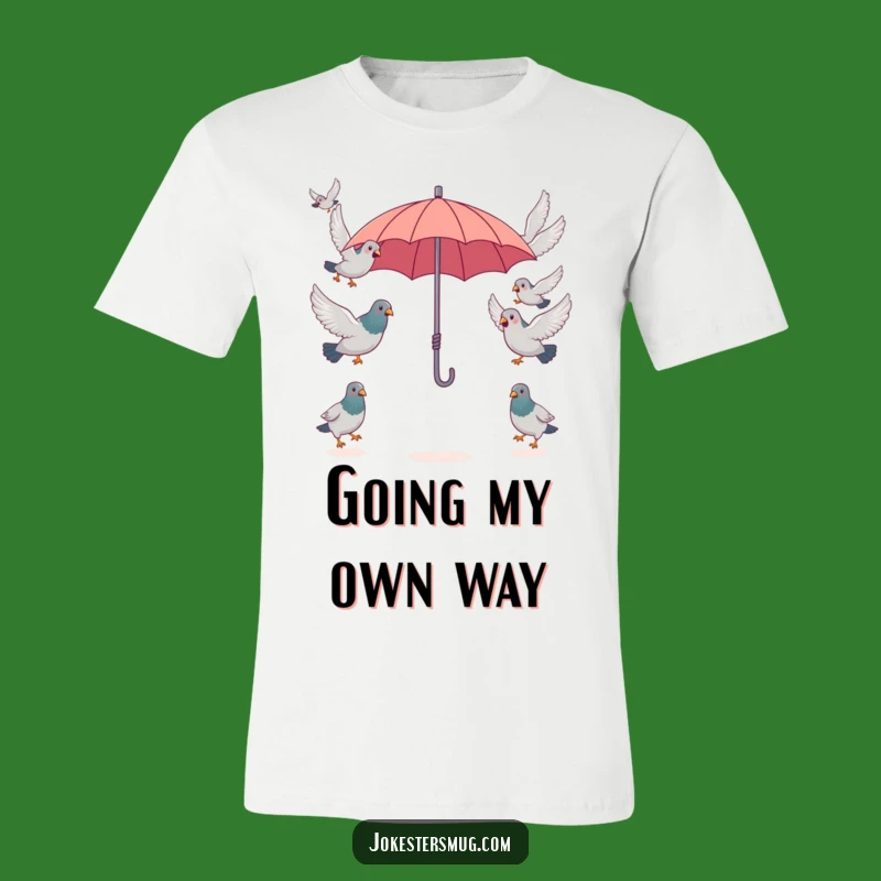 Funny Pigeon Umbrella T-Shirt, Flock Opposite Flight, Quirky Gift Tee