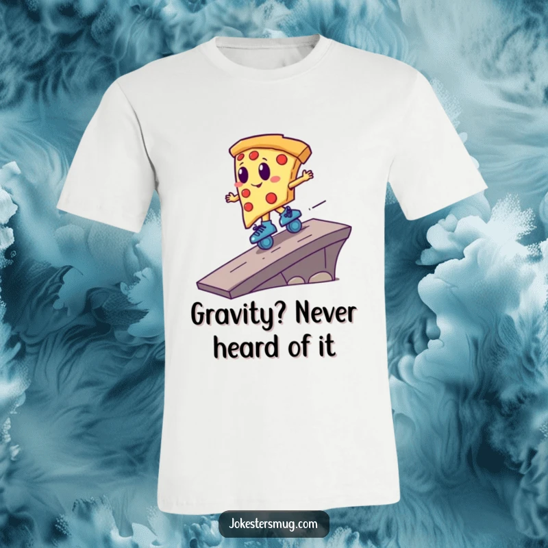Funny pizza slice wearing roller skates, mid-air, launching from a ramp, showcasing an epic and comical stunt on a t-shirt.