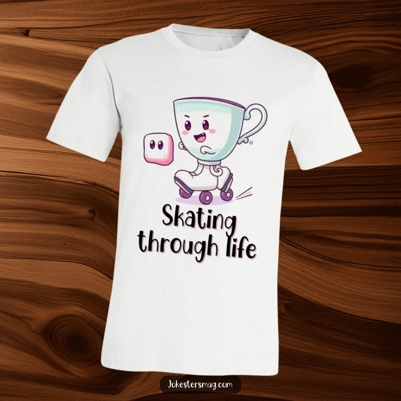 Funny teacup on roller skates, zooming past a startled sugar cube, a humorous and stylish t-shirt design.