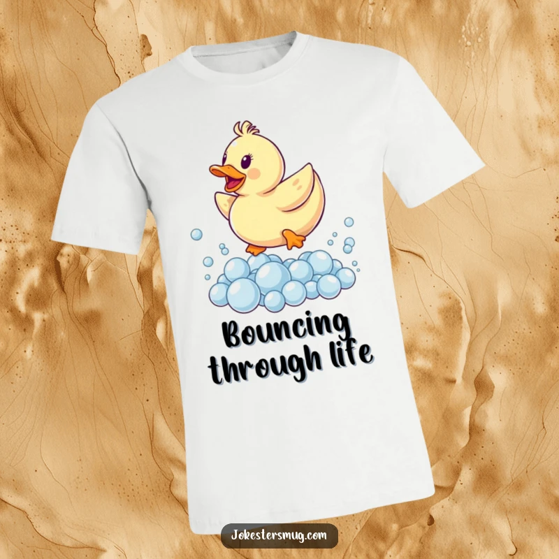 Funny t-shirt featuring a rubber ducky mid-leap over a pile of shimmering bubbles, conveying joy and energetic playfulness.