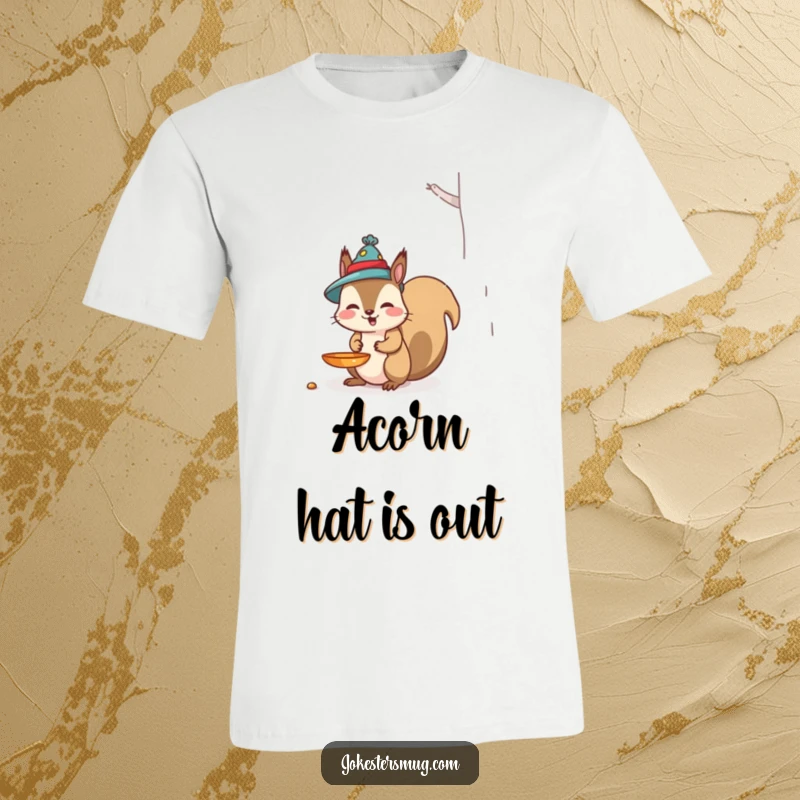 Funny Squirrel T-Shirt: A mischievous squirrel wears a bird feeder as a hat, showcasing a funny woodland mishap, ideal for gifting.