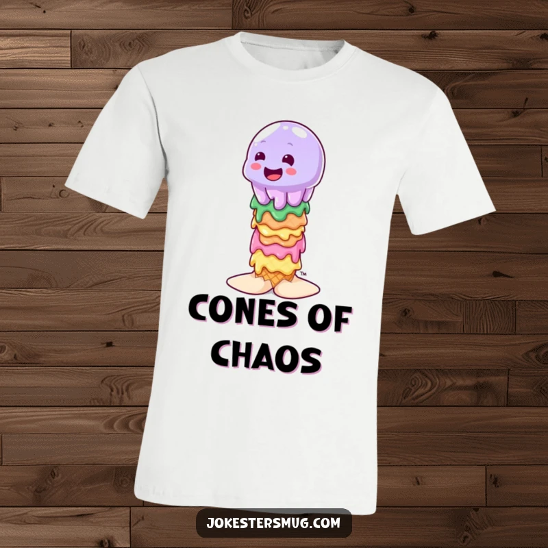 Funny wobbly jelly character attempting to balance on a stack of melting ice cream cones, printed on a t-shirt.