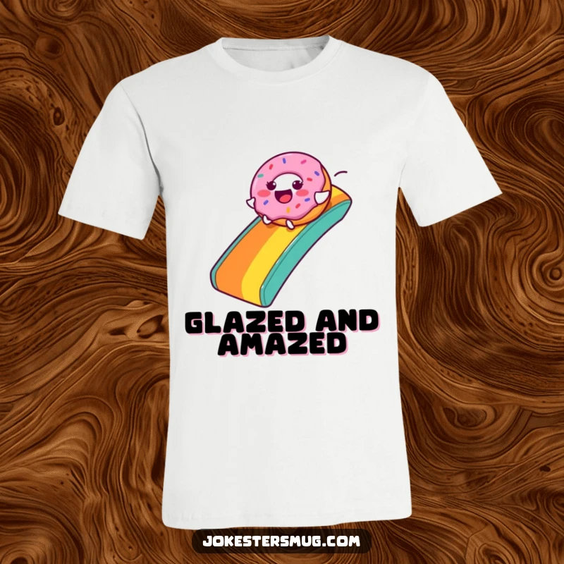 Funny Donut T-Shirt: A joyful donut character slides down a rainbow, showcasing a fun and sweet design, perfect for gifting.