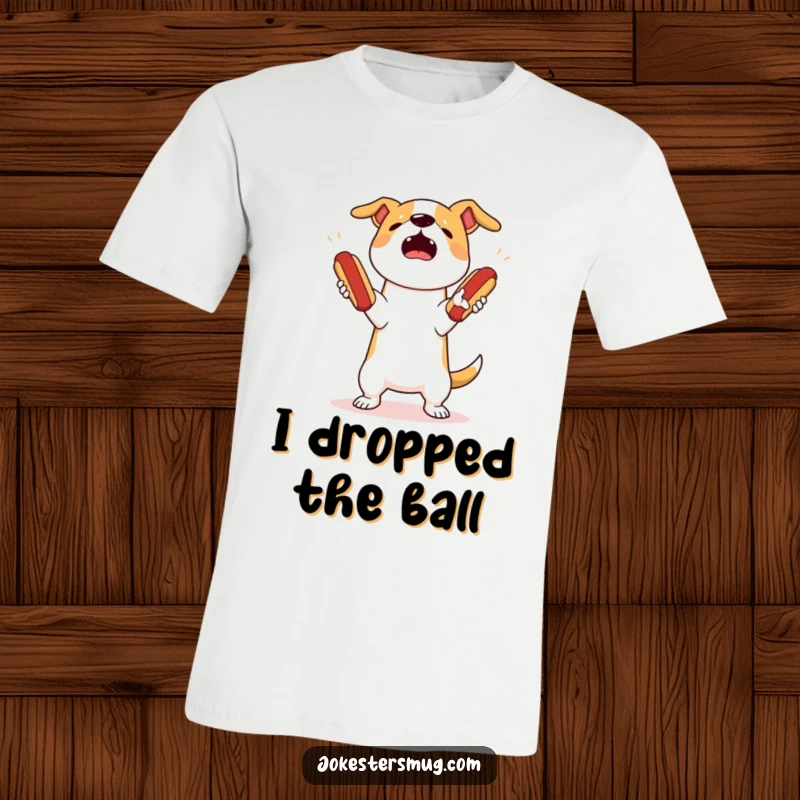 Funny dog juggling t-shirt depicting a startled dog attempting to juggle three bouncing hot dogs and failing spectacularly.