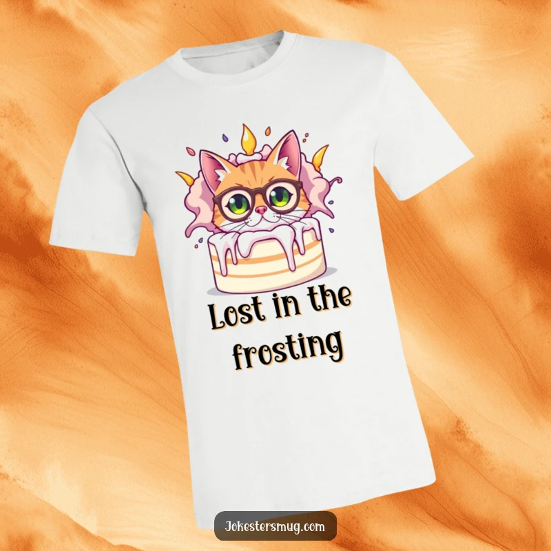 Funny bewildered cat wearing oversized spectacles peeking from behind a giant, exploding cake, a humorous scene on this funny t-shirt.