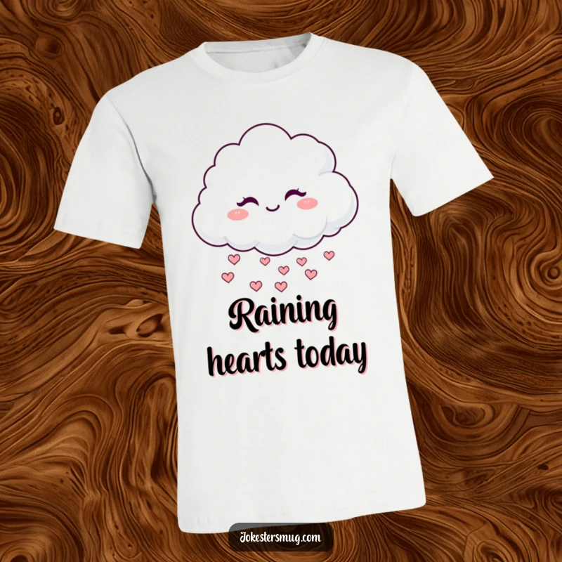 Funny Winking Cloud T-Shirt: A fluffy cloud winks mischievously while raining tiny hearts, a cute and funny design for gifting.