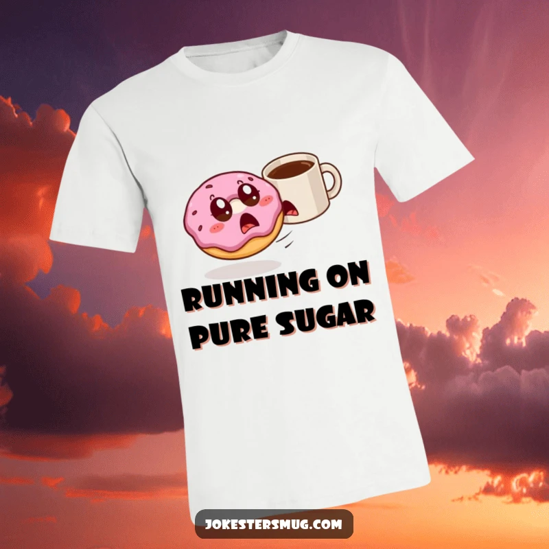 Funny donut with wide eyes flees a rogue coffee mug, depicted on a t-shirt for a humorous chase.
