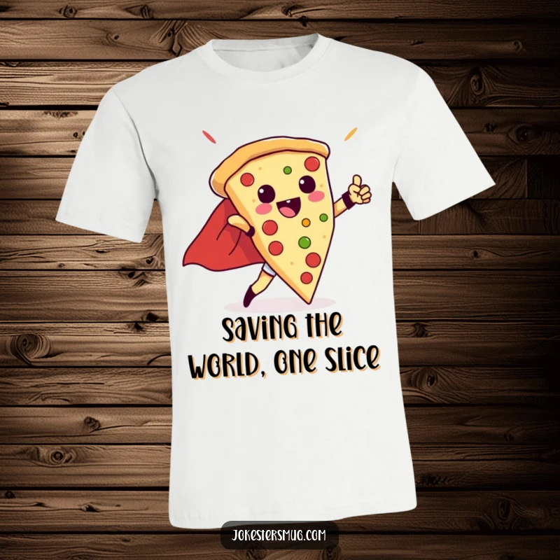 Funny t-shirt graphic of a pizza slice wearing a cape and standing in a strong superhero pose, ready for anything.