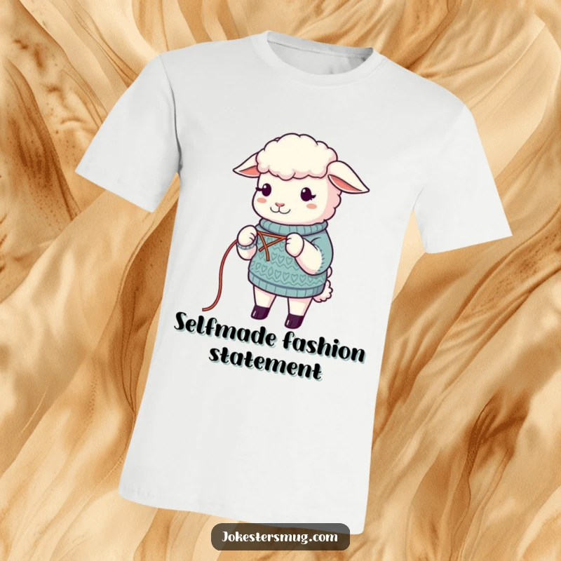 Funny Sheep T-Shirt: A whimsical sheep humorously attempts to knit a sweater using its own wool, showcasing a funny, relatable crafting struggle.
