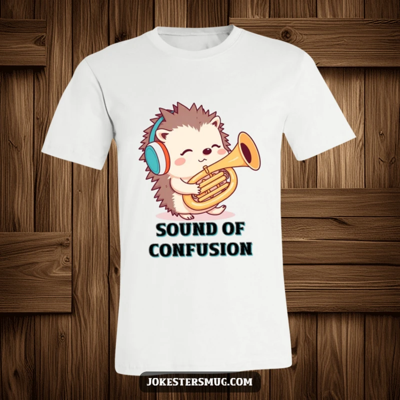 Funny hedgehog t-shirt featuring a confused hedgehog in earmuffs attempting to play a tuba backwards, a funny visual gag.