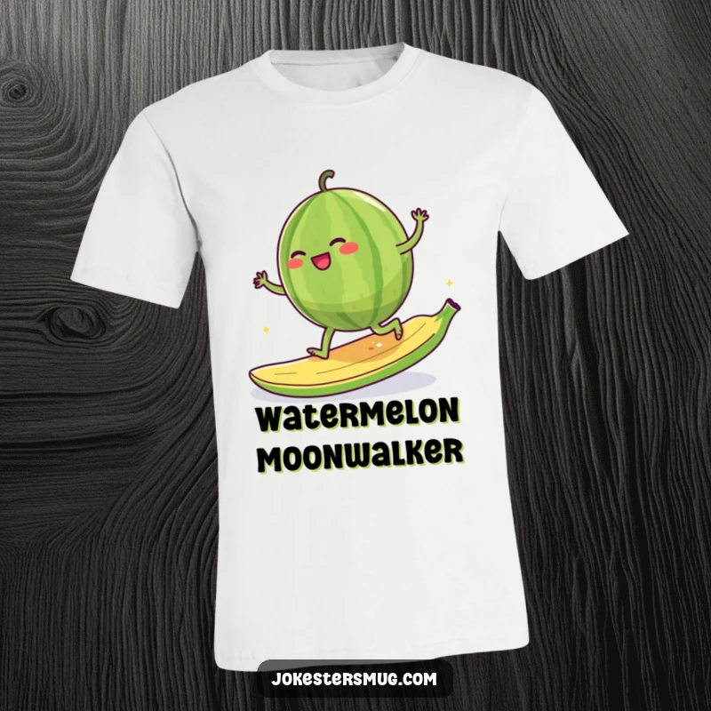 Funny giggling watermelon character attempting to moonwalk on a banana peel, printed on a t-shirt.