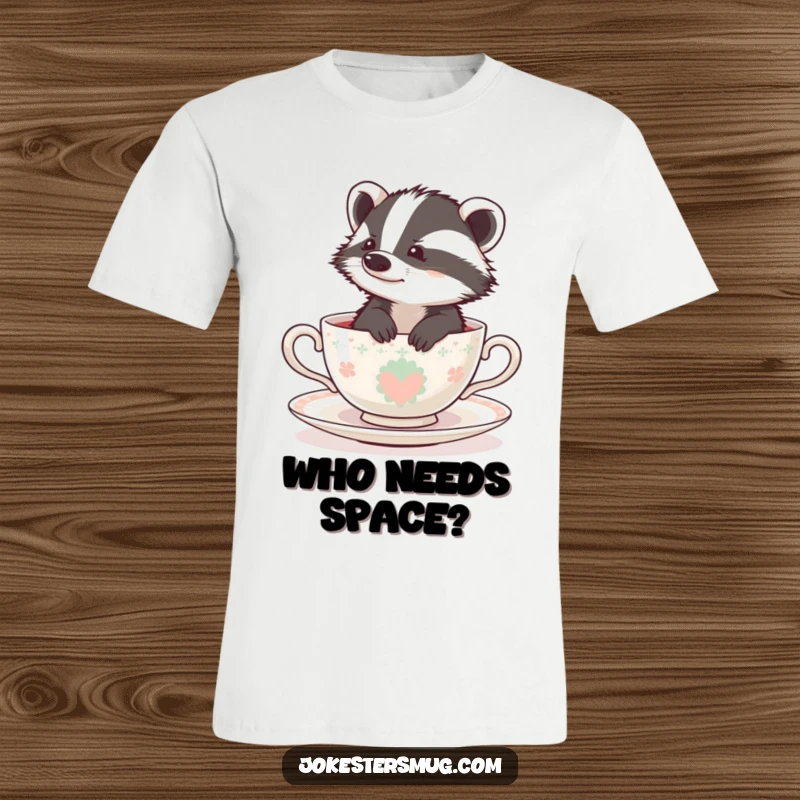 Funny badger trapped in a miniature teacup, looking utterly perplexed, printed on a t-shirt for a humorous statement.