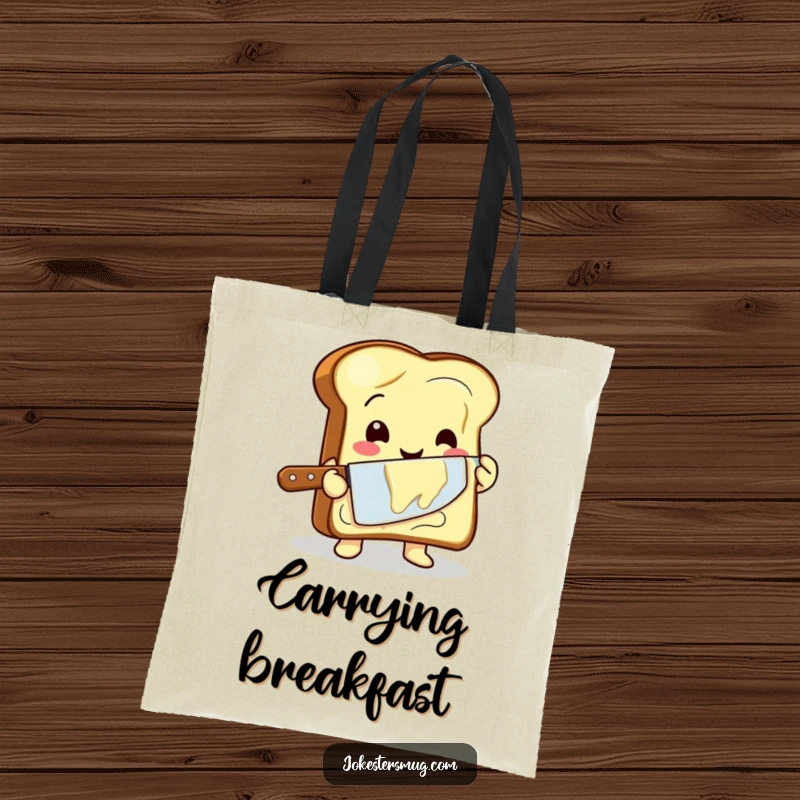 Funny tote bag with a happy toast character clumsily buttering itself with a giant knife, great for carrying groceries.