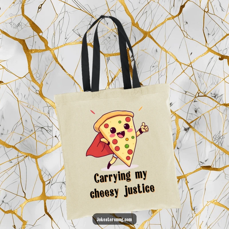 Funny tote bag illustration of a triumphant pizza slice in a cape, posing heroically, ready to carry your treasures.