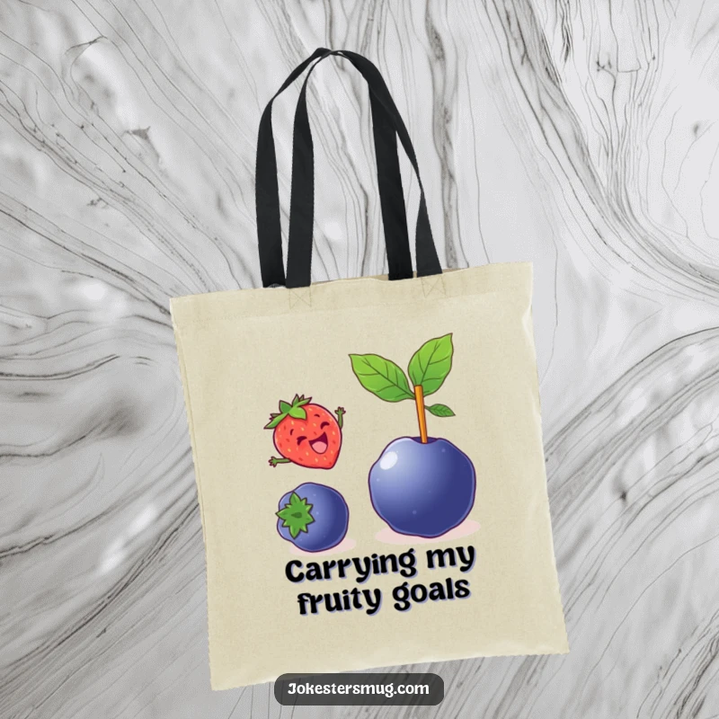 Funny tote bag illustration of a delighted strawberry pole vaulting over a large blueberry, a vibrant and energetic design.