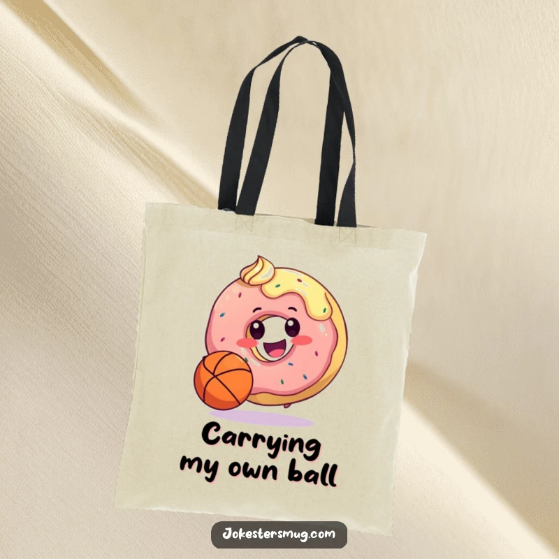 Funny tote bag showcasing a happy donut dribbling a basketball with its frosting, perfect for carrying groceries or gym gear humorously.