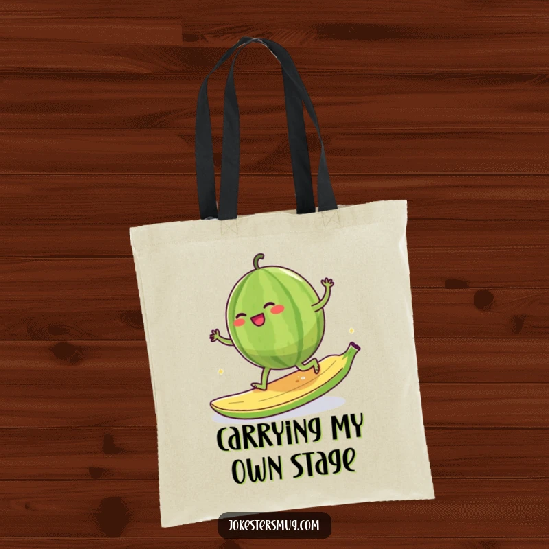 Funny giggling watermelon character attempting to moonwalk on a banana peel, printed on a durable tote bag.