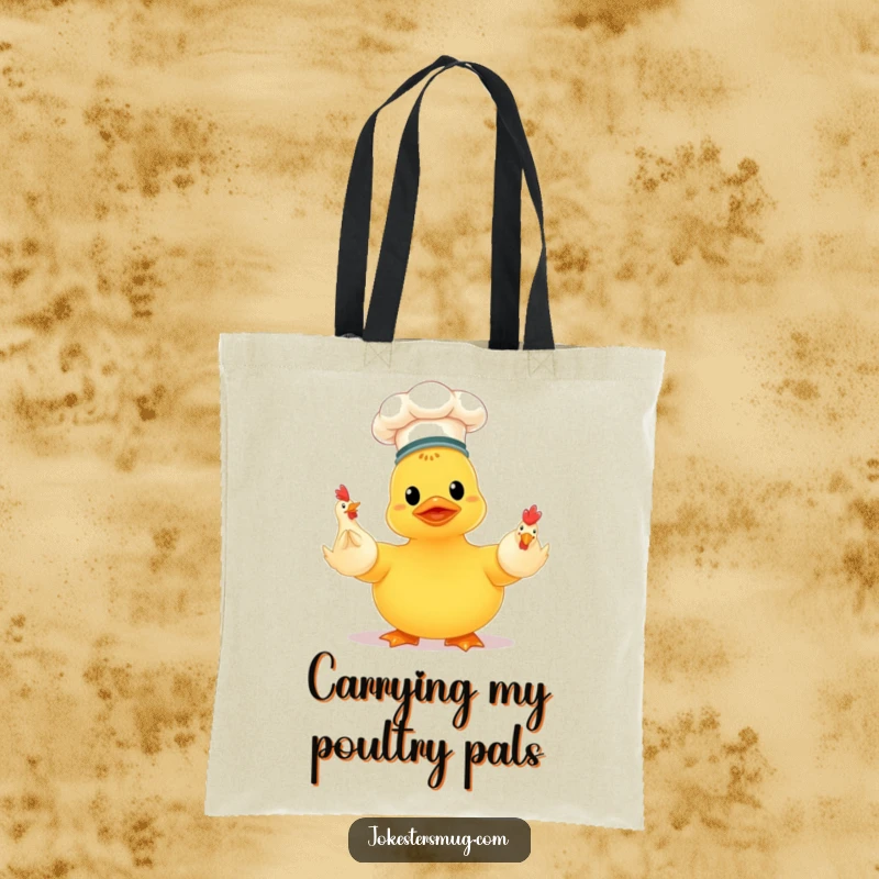 Funny chef rubber ducky, wearing a hat, struggling to juggle three rubber chickens, a humorous and functional tote bag.