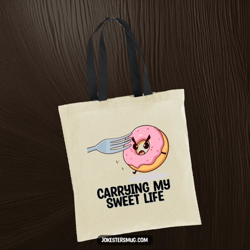 Funny tote bag illustration of a frightened donut trying to outrun a large, menacing fork, a humorous and eye-catching design.