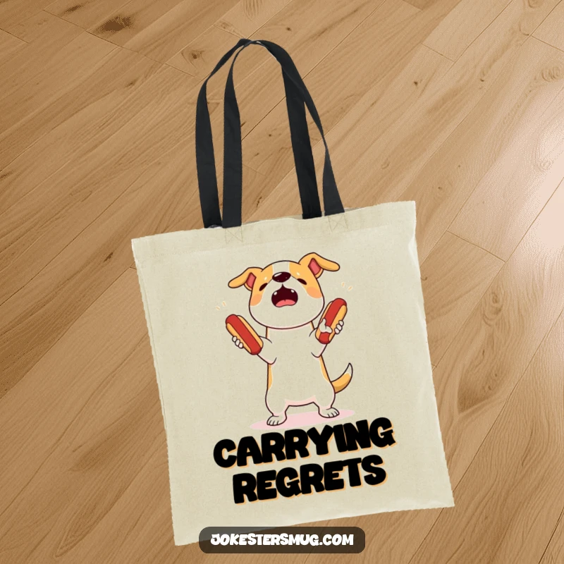 Funny dog juggling tote bag depicting a startled dog attempting to juggle three bouncing hot dogs, dropping them all comically.