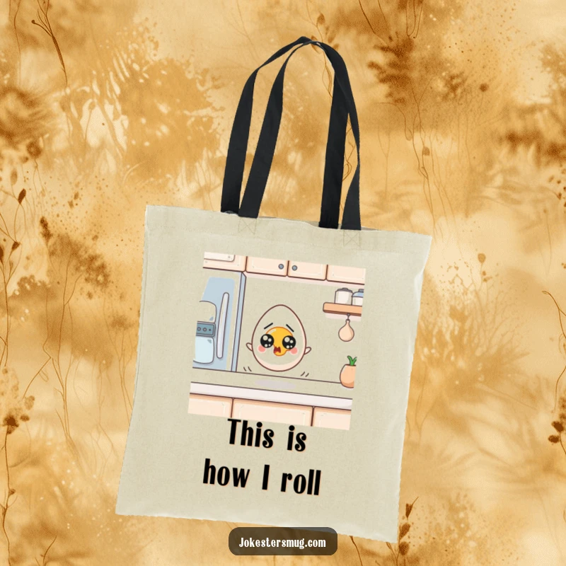 Funny Egg Tote Bag: A startled egg with wide eyes rolls off a kitchen counter. Hilarious and funny gift for kitchen enthusiasts.