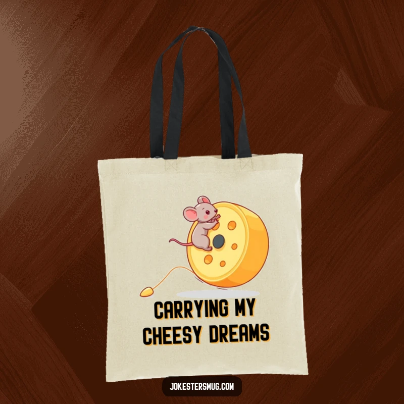 Funny Mouse Tote Bag: A tiny mouse rides a giant rolling cheese wheel downhill. A cute and funny gift for cheese enthusiasts.