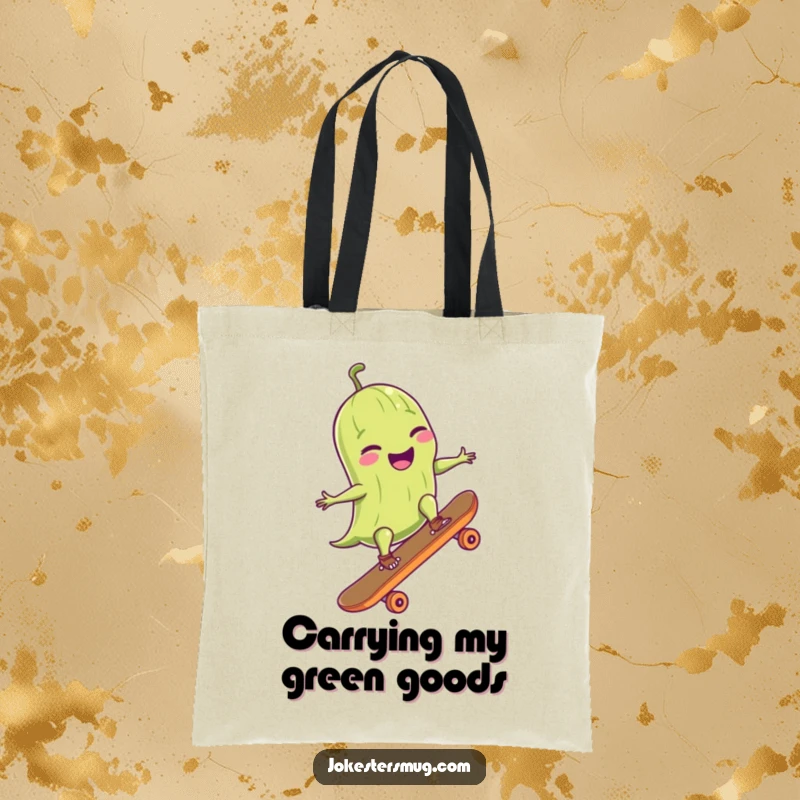 Funny tote bag illustration of a giggling pickle with sunglasses shredding on a skateboard, mid-ollie, a vibrant design.