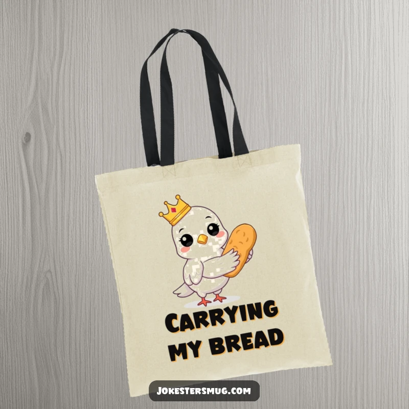 Funny tote bag with a crowned pigeon holding a loaf of bread, ideal funny gift.