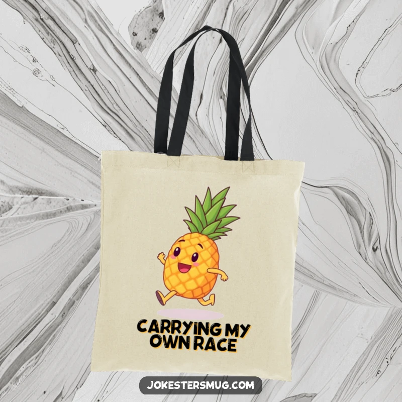 Funny tote bag showcasing a pineapple with tiny legs running a marathon, ideal for carrying gym gear with humorous athletic spirit.