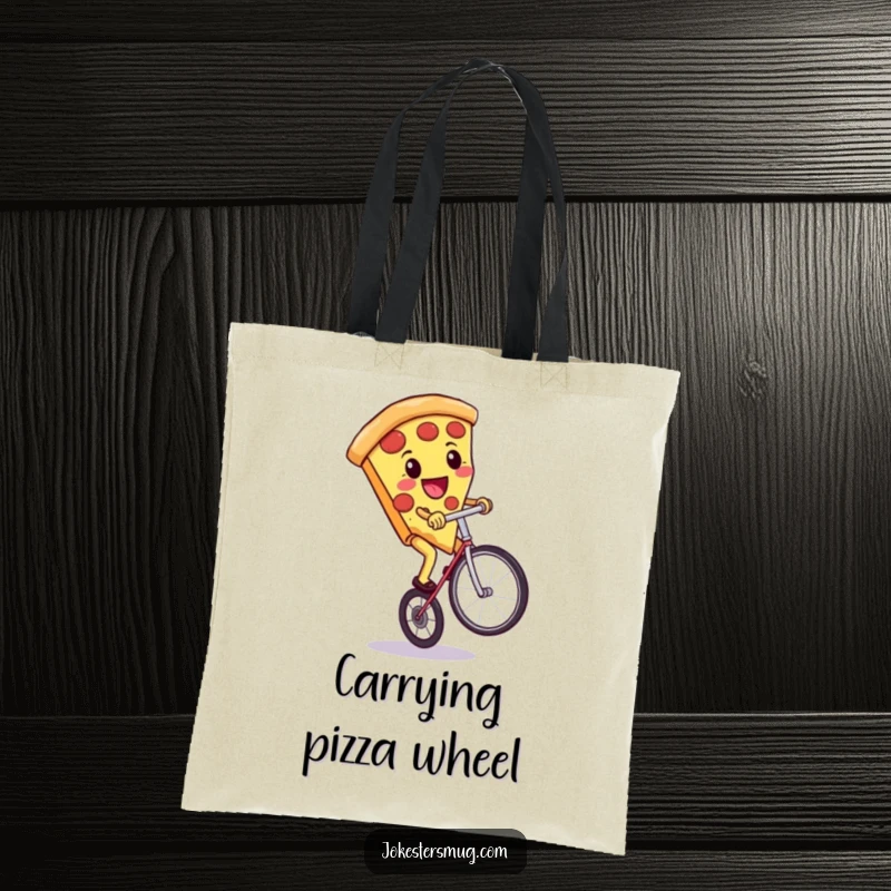 Funny tote bag with a pizza slice riding a unicycle, ideal funny gift.