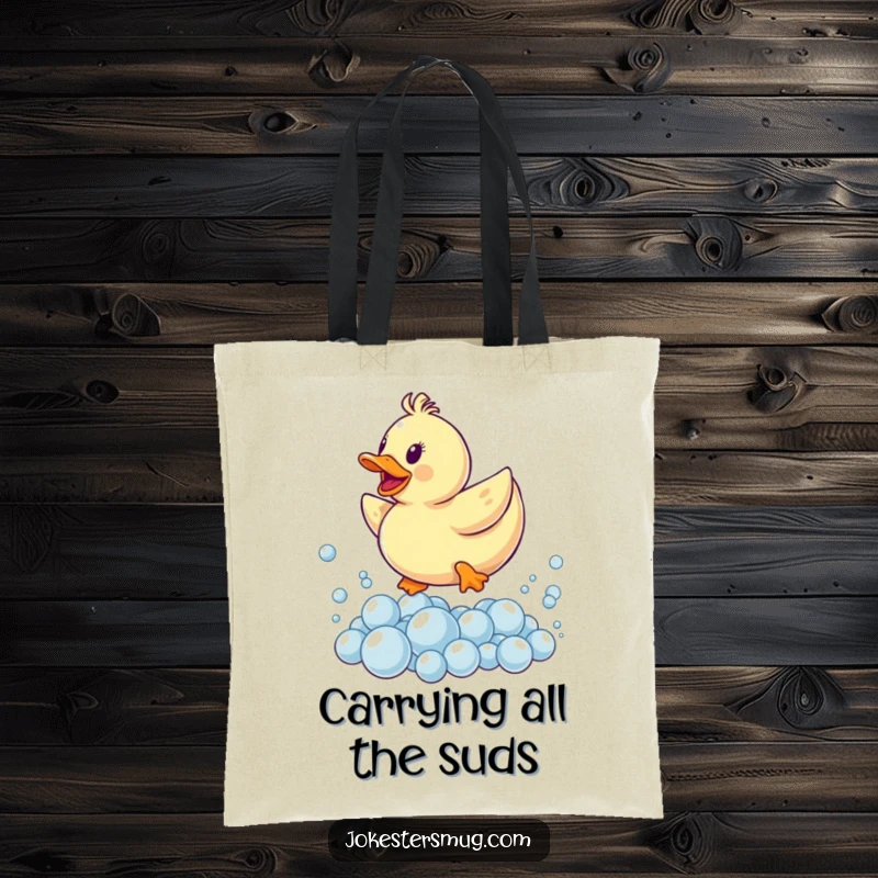 Funny tote bag depicting a rubber ducky dramatically leaping over a fluffy pile of bubbles, a cheerful and practical accessory.