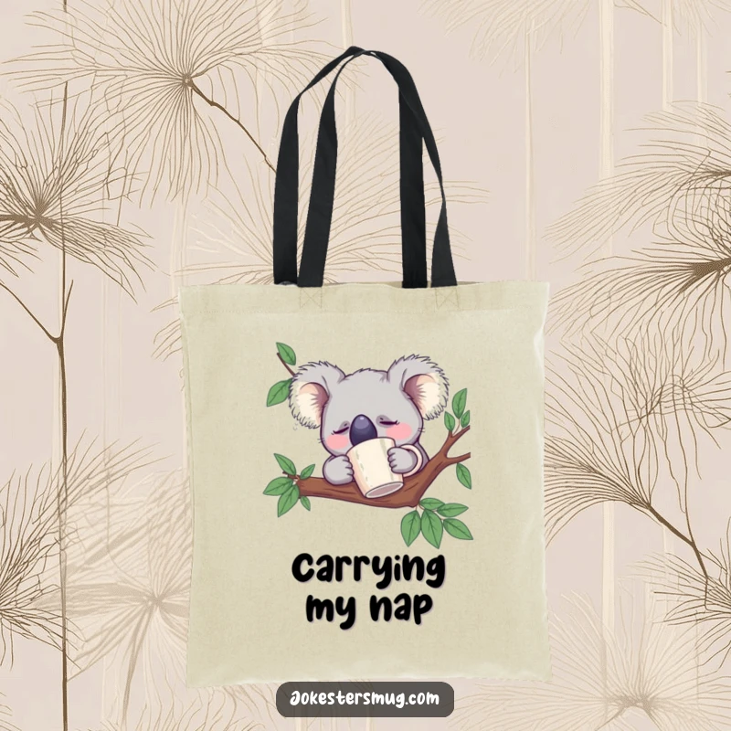 Funny Sleeping Koala Tote Bag: A koala bear sleeps with a coffee mug on its nose, great for humorous errands.