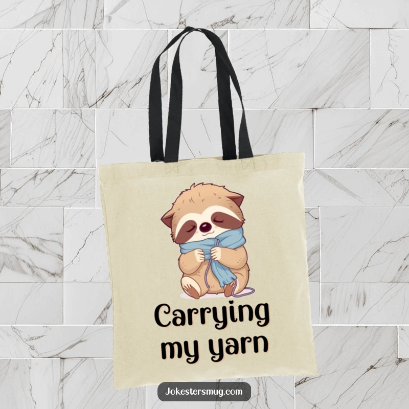 Funny tote bag featuring a sleepy sloth tangled in knitting yarn, trying to make a scarf, perfect for craft supplies.