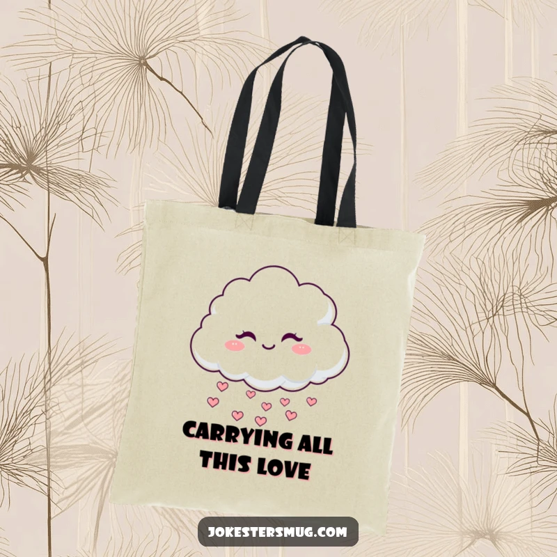Funny Winking Cloud Tote Bag: A fluffy cloud winks mischievously, raining hearts, showcasing a sweet and practical design for gifting.