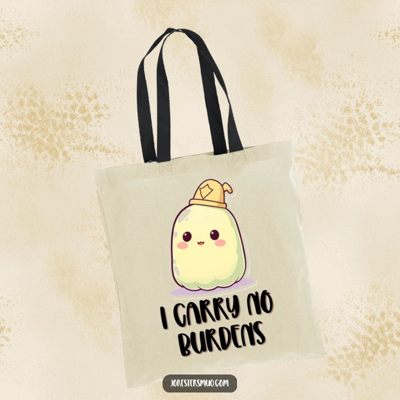 Funny tote bag illustrating a jelly blob comically unable to wear a hat, phasing through it.
